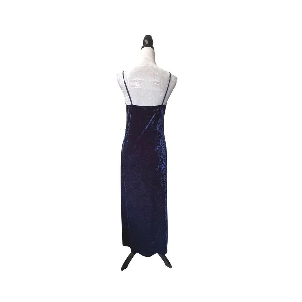 Forever‎ 21 Navy Blue Crushed Velvet Maxi Dress Side Slit Spaghetti Strap Large